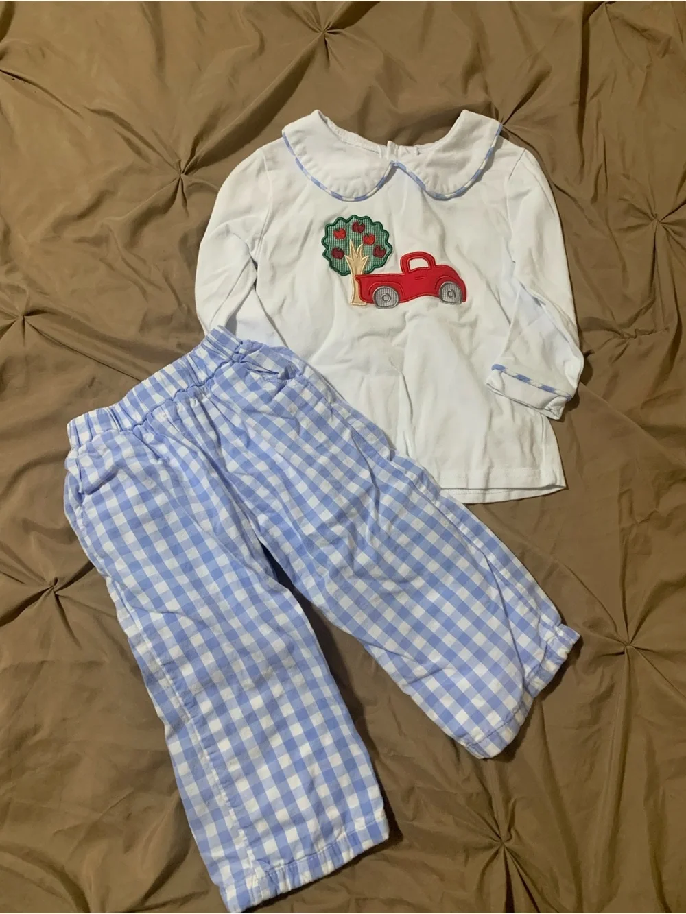 White Top & Blue Gingham Kids Outfit Set with Red Truck Applique